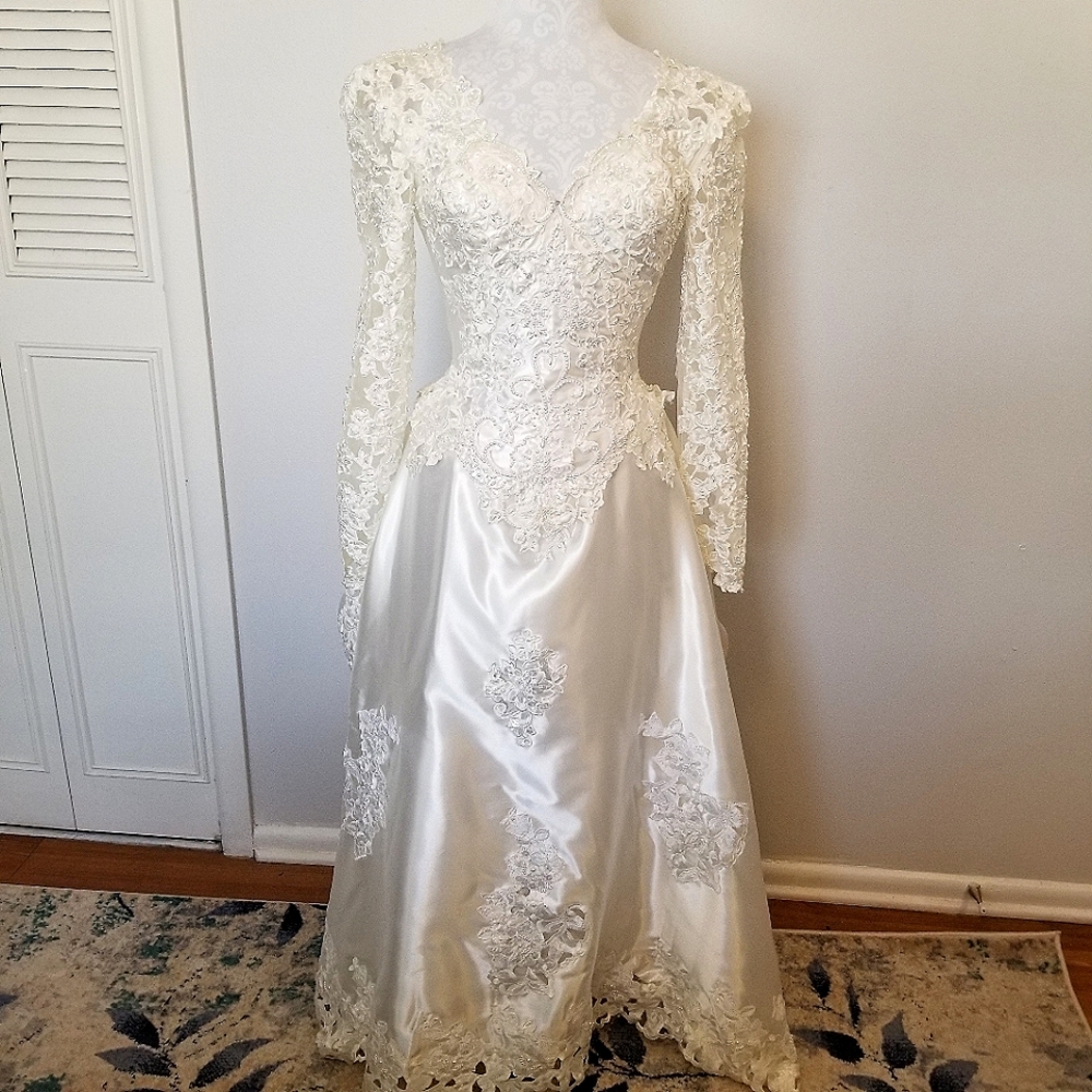 Unique Vintage Wedding Dress with Train and Bussle Beaded Embroidery